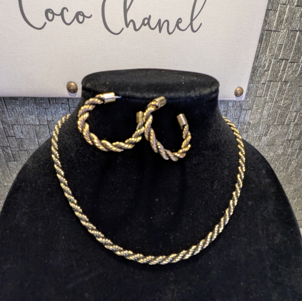 Vintage 80s Goldtone And Black Silk Rope Chain And Earrings Pierced